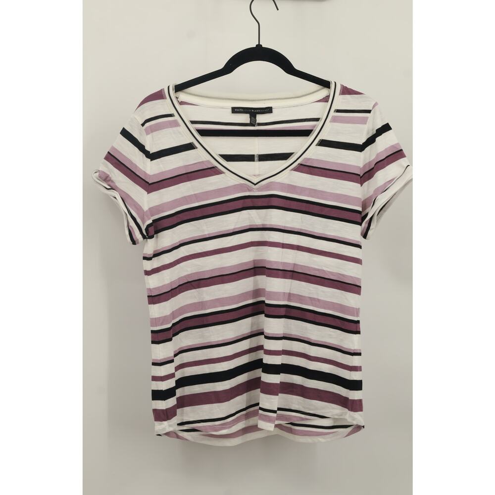 White House Black Market Women's V-Neck Striped Top Short Sleeve Size M Purple